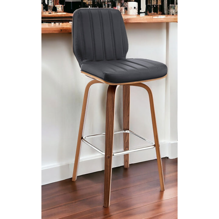 31" Gray And Brown Faux Leather And Solid and Manufactured Wood Swivel Bar Height Bar Chair Image 12