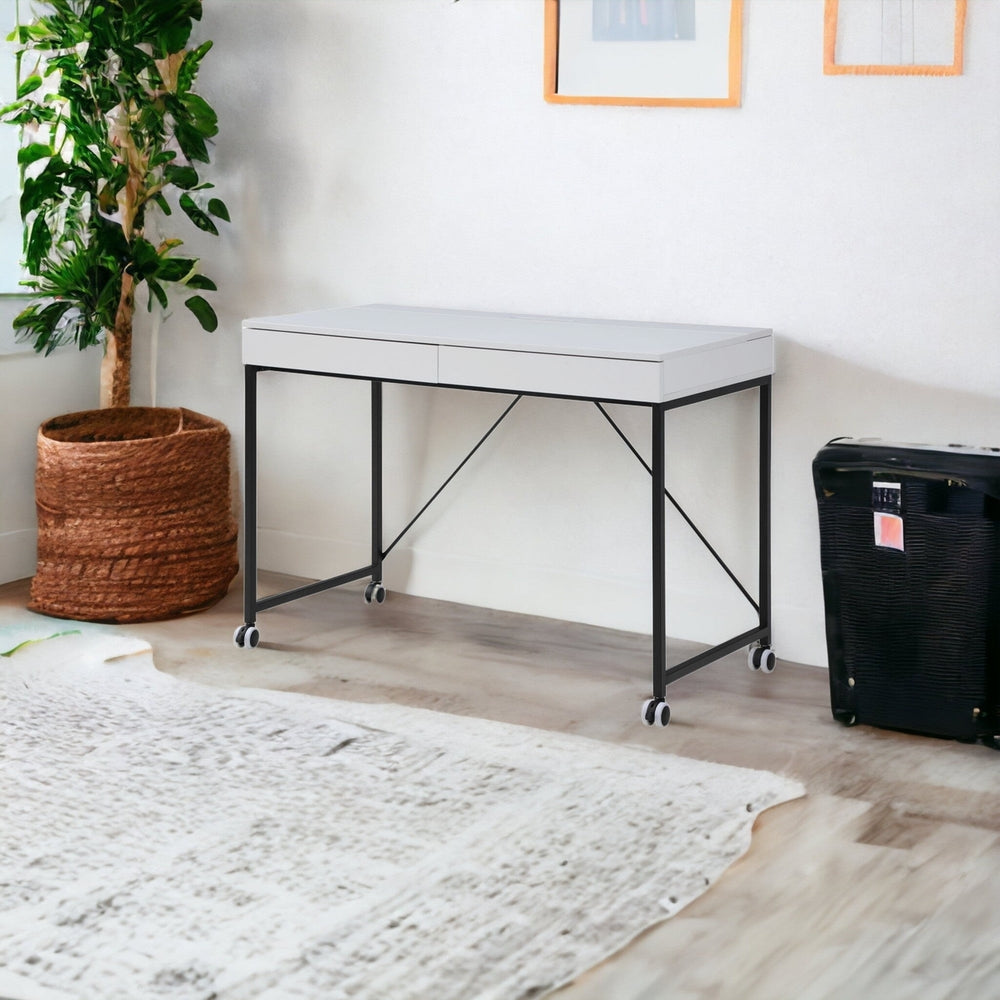 43" White and Silver Writing Desk With Two Drawers Image 2