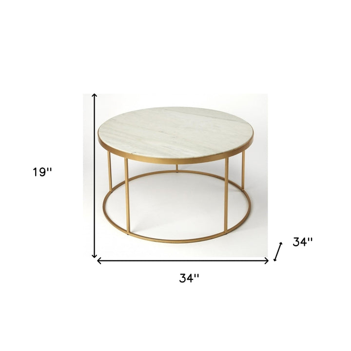 34" Multi-Color And Off White Marble And Metal Round Coffee Table Image 7