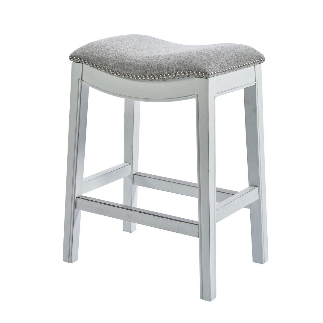 31" Light Gray And White Upholstered And Solid Wood Backless Bar Height Bar Chair Image 1