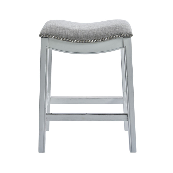 31" Light Gray And White Upholstered And Solid Wood Backless Bar Height Bar Chair Image 3