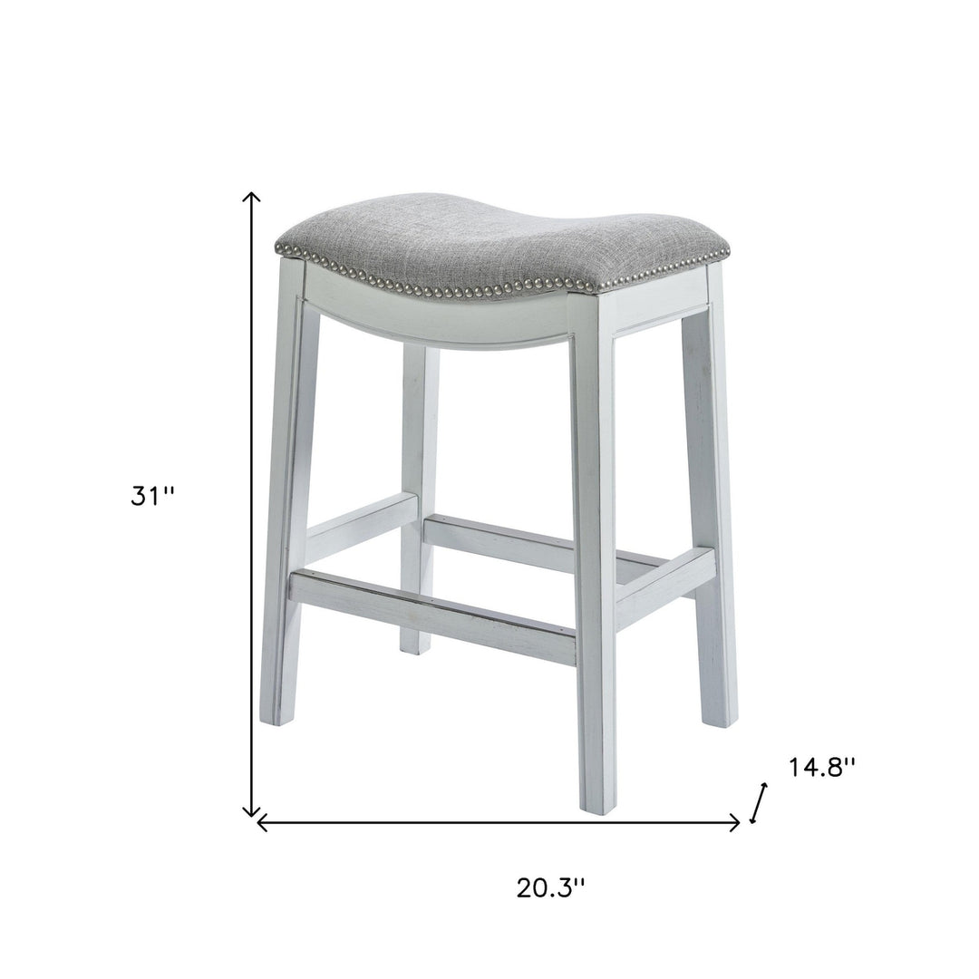 31" Light Gray And White Upholstered And Solid Wood Backless Bar Height Bar Chair Image 5