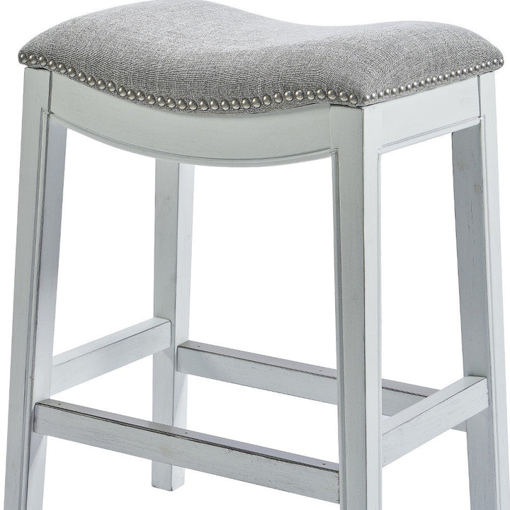 31" Light Gray And White Upholstered And Solid Wood Backless Bar Height Bar Chair Image 7