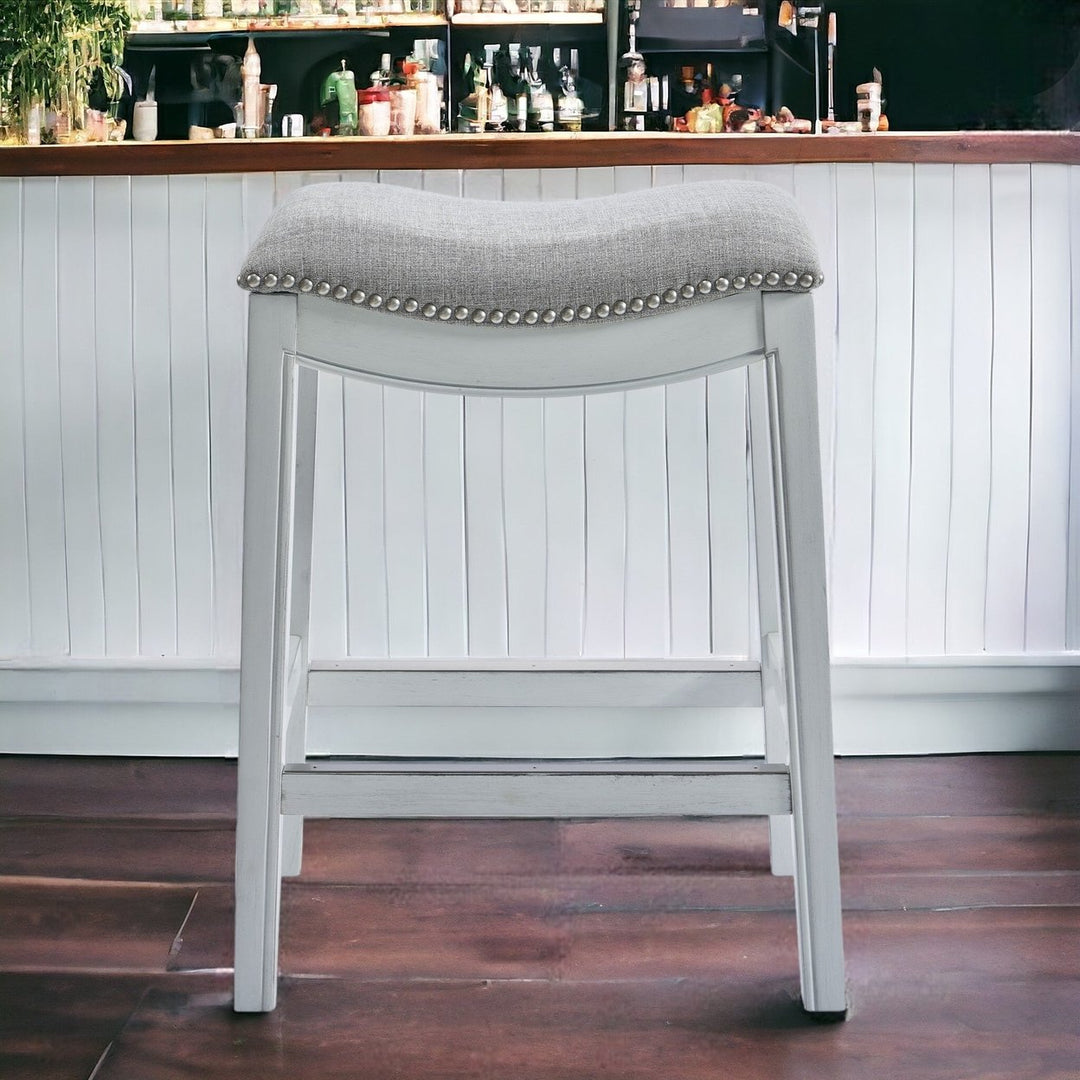 31" Light Gray And White Upholstered And Solid Wood Backless Bar Height Bar Chair Image 8