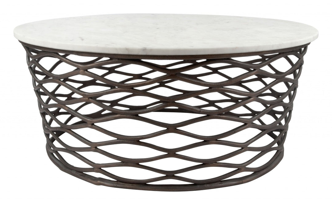 36" Antiqued Bronze And White Genuine Marble Round Coffee Table Image 4