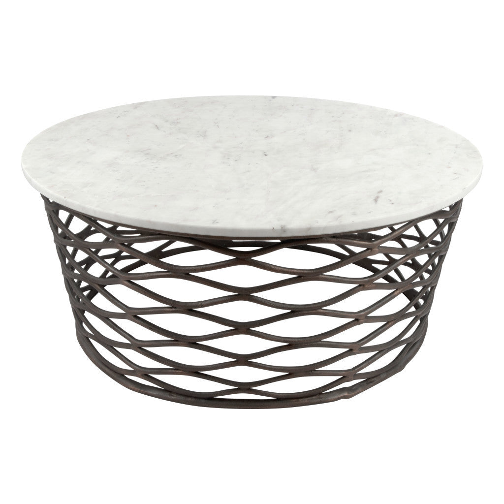 36" Antiqued Bronze And White Genuine Marble Round Coffee Table Image 9