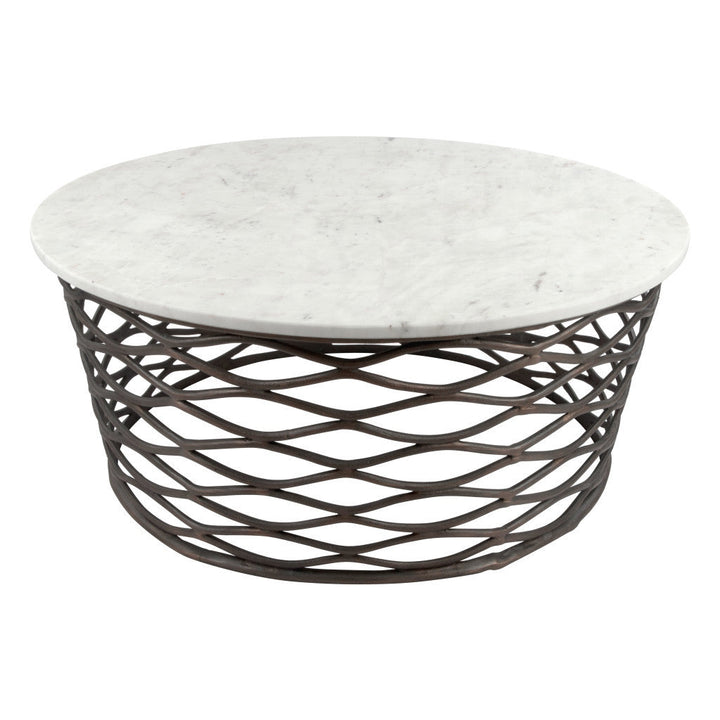 36" Antiqued Bronze And White Genuine Marble Round Coffee Table Image 9