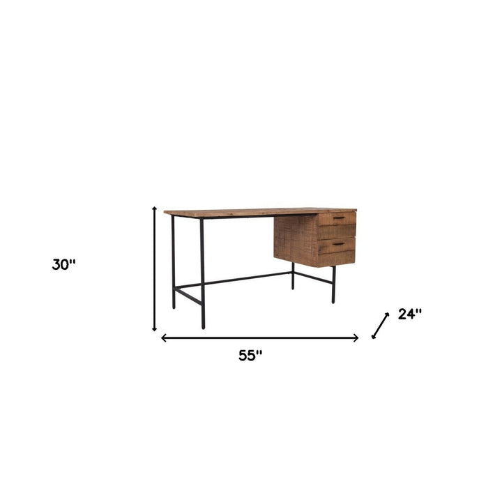 55" Brown and Black Solid Wood Writing Desk with Two Drawers Image 6