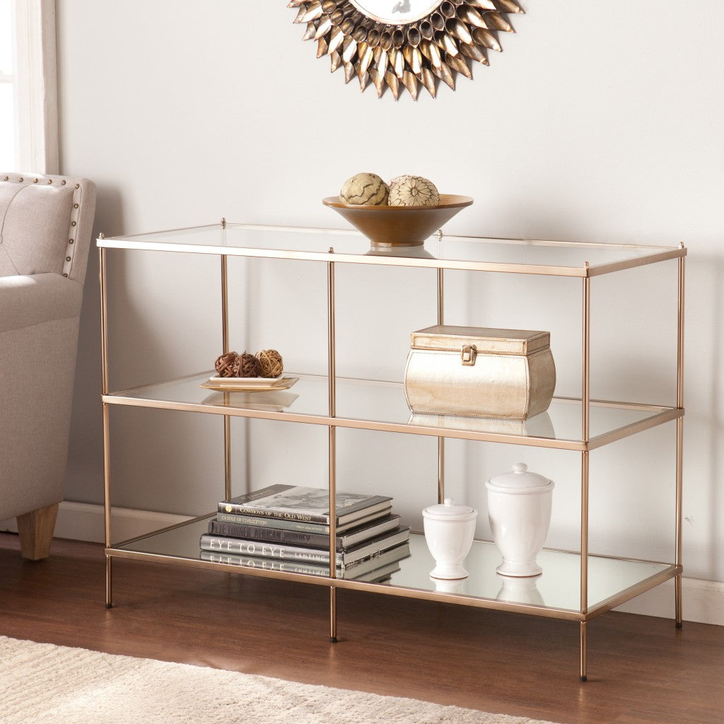 42" Clear and Gold Glass Mirrored Floor Shelf Console Table With Storage Image 1