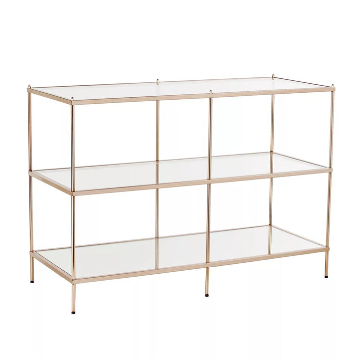 42" Clear and Gold Glass Mirrored Floor Shelf Console Table With Storage Image 5