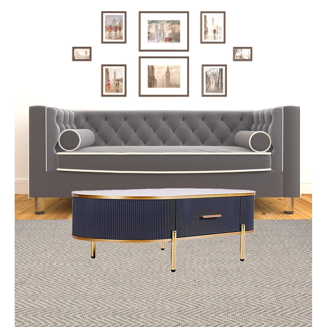 47" Charcoal Gray Gold And White Stone Oval Coffee Table With Drawer Image 6