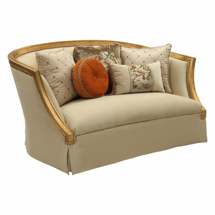 70" Tan And Gold Curved Loveseat and Toss Pillows Image 1