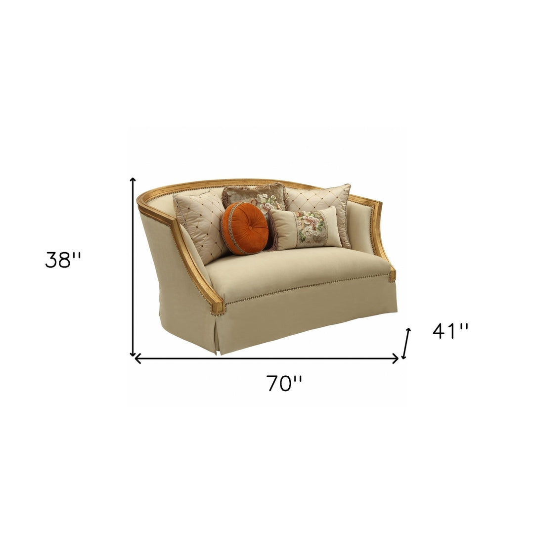 70" Tan And Gold Curved Loveseat and Toss Pillows Image 3