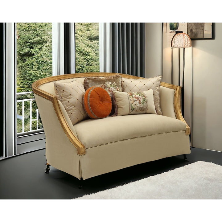 70" Tan And Gold Curved Loveseat and Toss Pillows Image 5