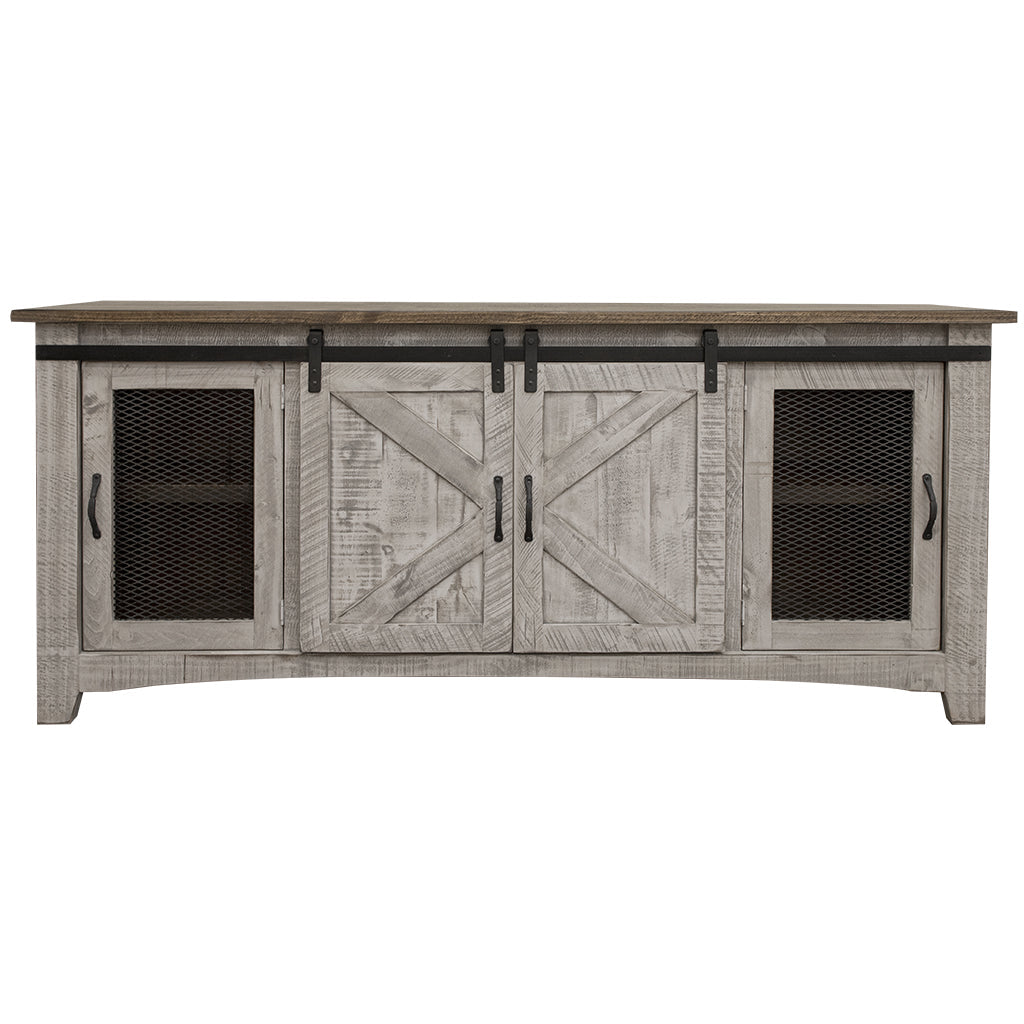 79" Gray Solid Wood Cabinet Enclosed Storage Distressed TV Stand Image 1