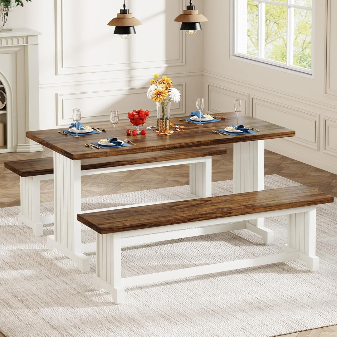 Tribesigns 47 Inch Farmhouse Dining Table Set for 4-6 with 2 Benches Brown White Image 1