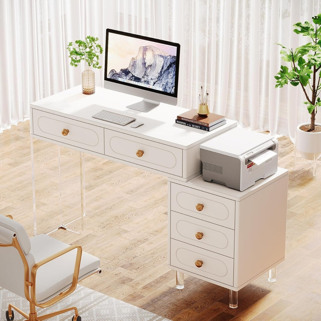 Tribesigns Modern Computer Desk with Transparent Acrylic Base and Legs,with 5 Drawers, Extendable Study Writing Table Image 2