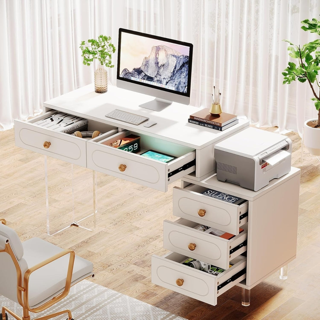 Tribesigns Modern Computer Desk with Transparent Acrylic Base and Legs,with 5 Drawers, Extendable Study Writing Table Image 3