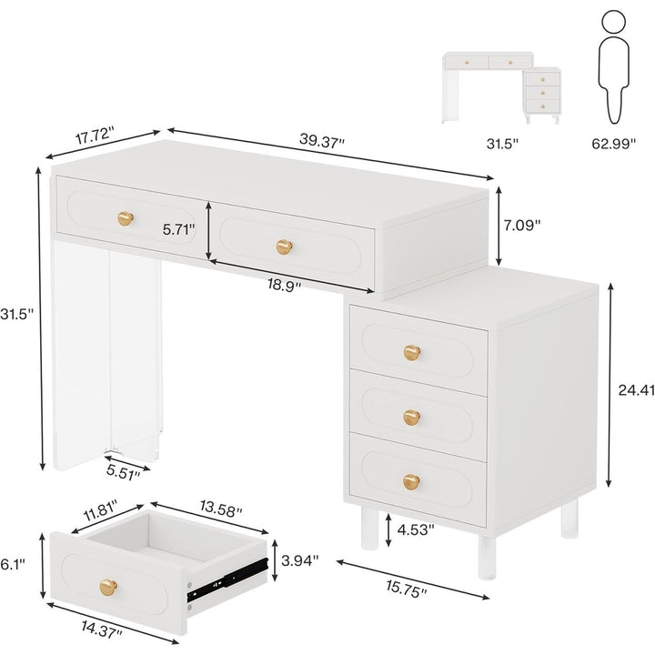 Tribesigns Modern Computer Desk with Transparent Acrylic Base and Legs,with 5 Drawers, Extendable Study Writing Table Image 6