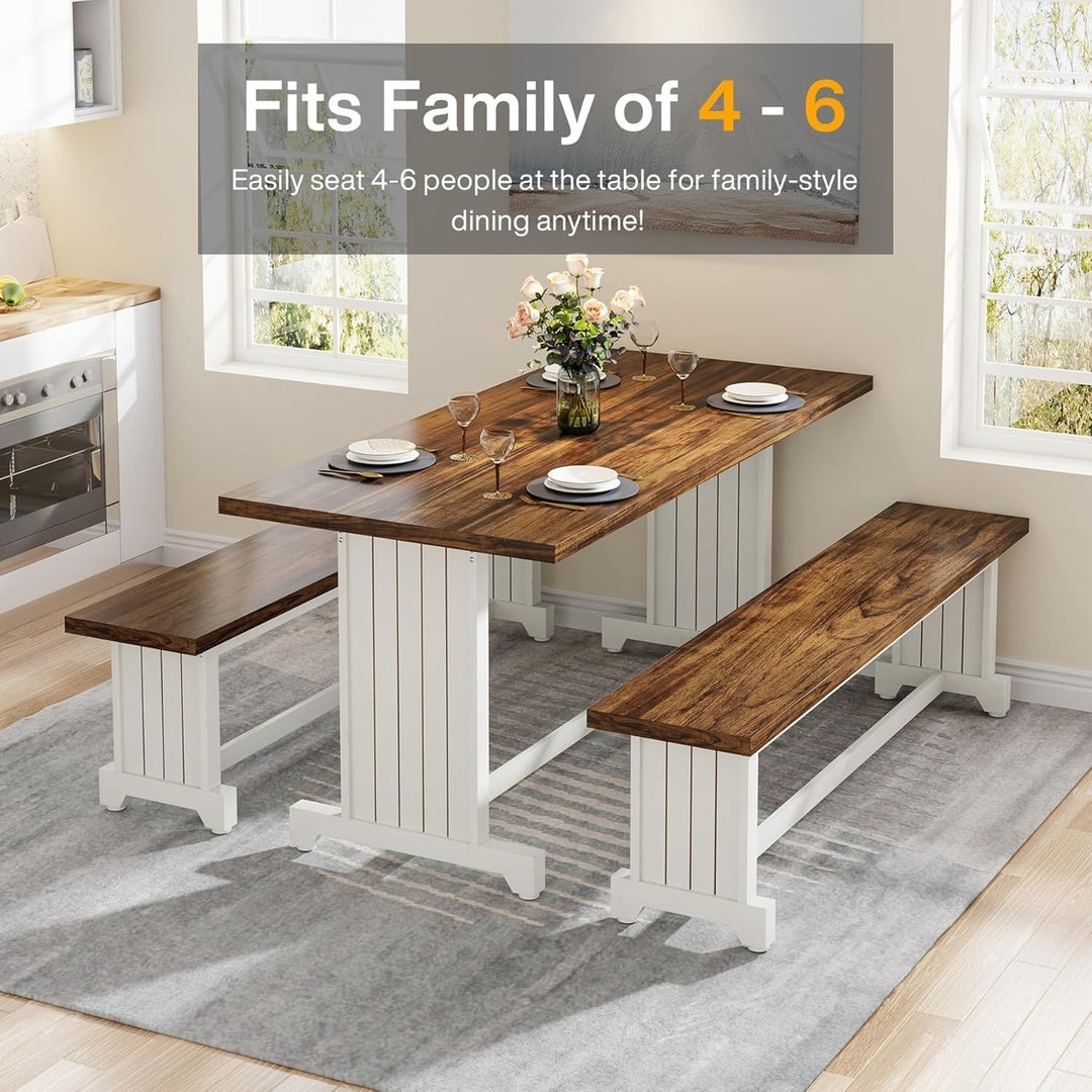 Tribesigns 47 Inch Farmhouse Dining Table Set for 4-6 with 2 Benches Brown White Image 4