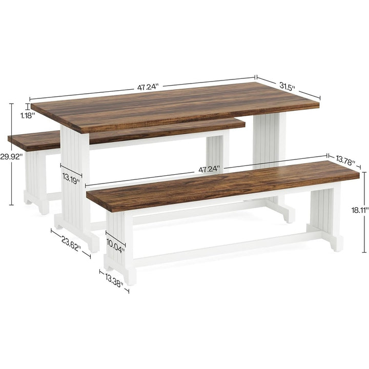 Tribesigns 47 Inch Farmhouse Dining Table Set for 4-6 with 2 Benches Brown White Image 6