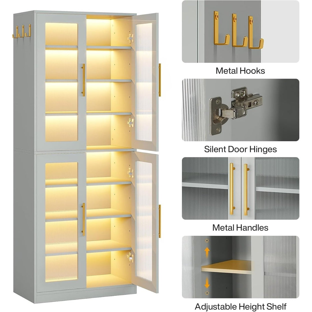 Tribesigns Bookcase with Doors and LED Light, 67-inch Tall Gray Bookshelf with 8-Tier Adjustable Shelves and Hanging Image 5