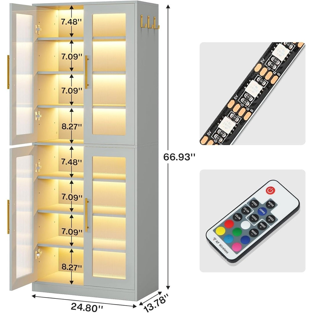 Tribesigns Bookcase with Doors and LED Light, 67-inch Tall Gray Bookshelf with 8-Tier Adjustable Shelves and Hanging Image 6