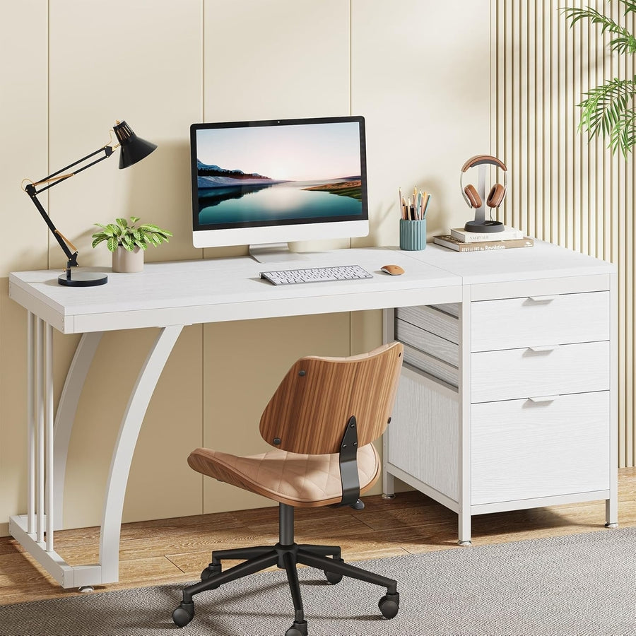 Tribesigns 59 Inch Industrial Computer Desk White Wooden Top 3 Drawers Reversible Image 1