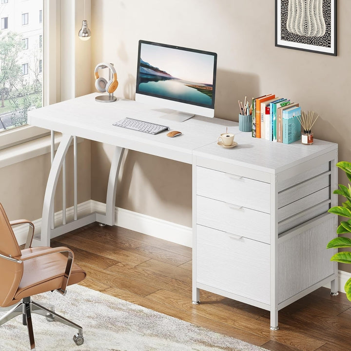 Tribesigns 59 Inch Industrial Computer Desk White Wooden Top 3 Drawers Reversible Image 2