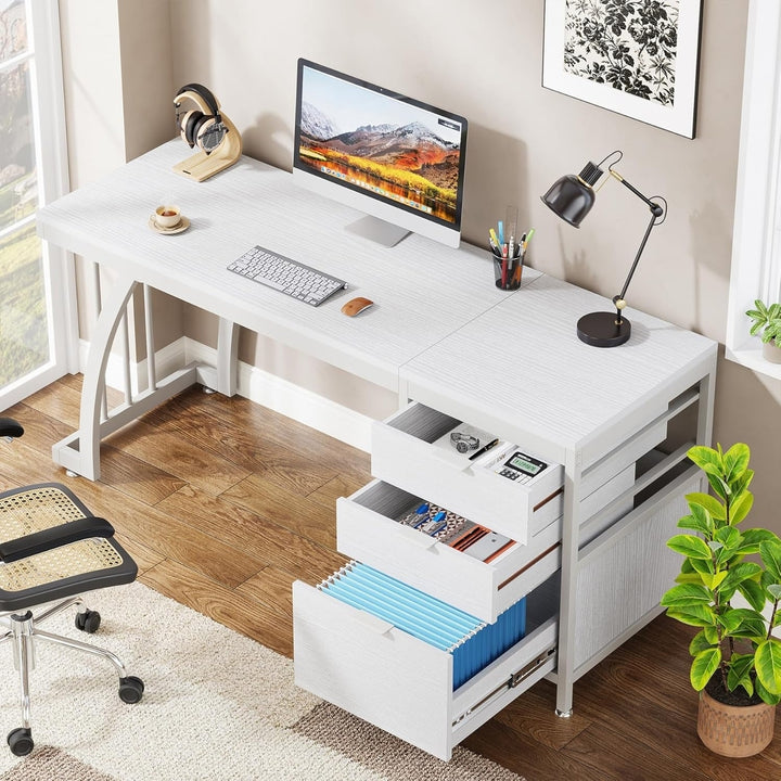 Tribesigns 59 Inch Industrial Computer Desk White Wooden Top 3 Drawers Reversible Image 3