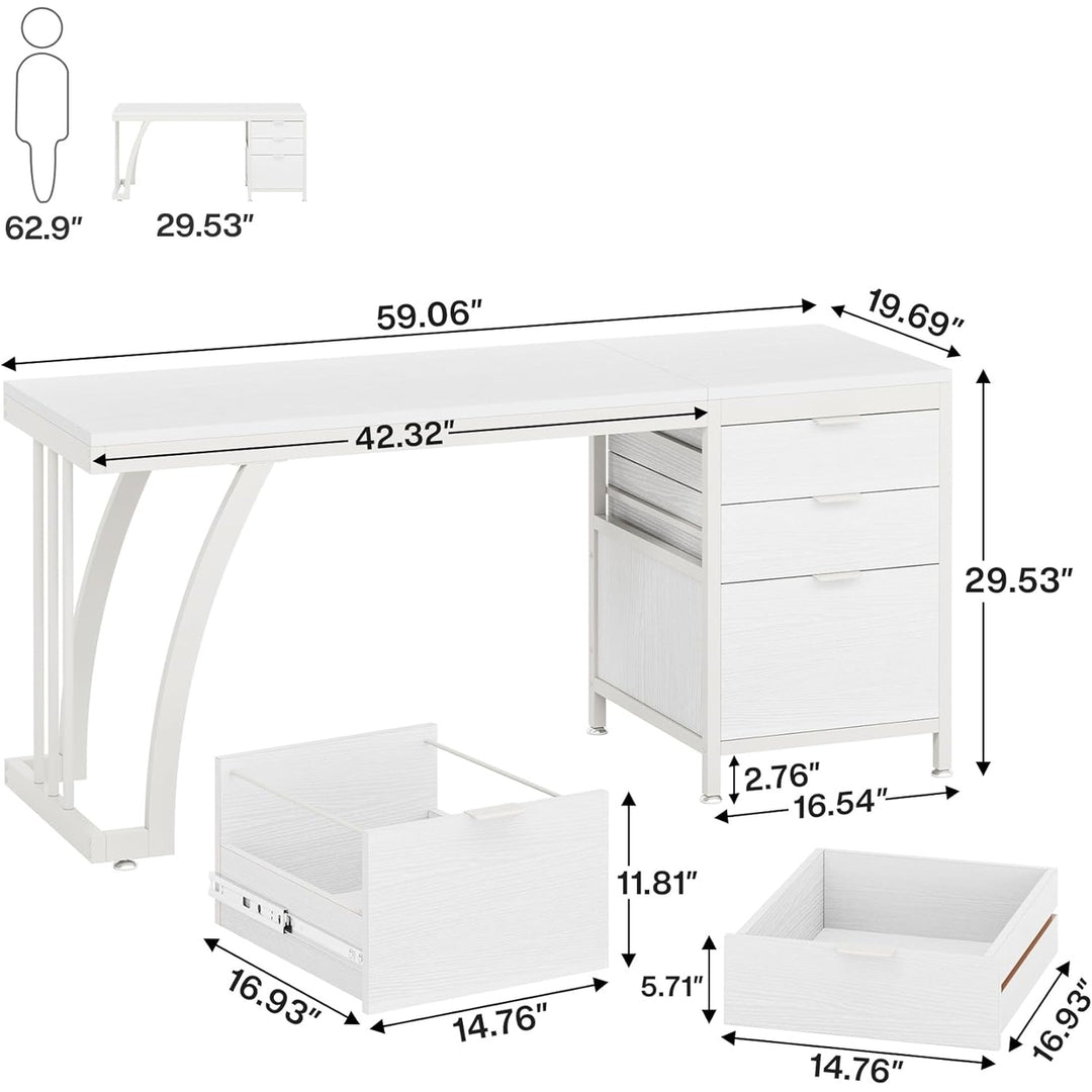 Tribesigns 59 Inch Industrial Computer Desk White Wooden Top 3 Drawers Reversible Image 6