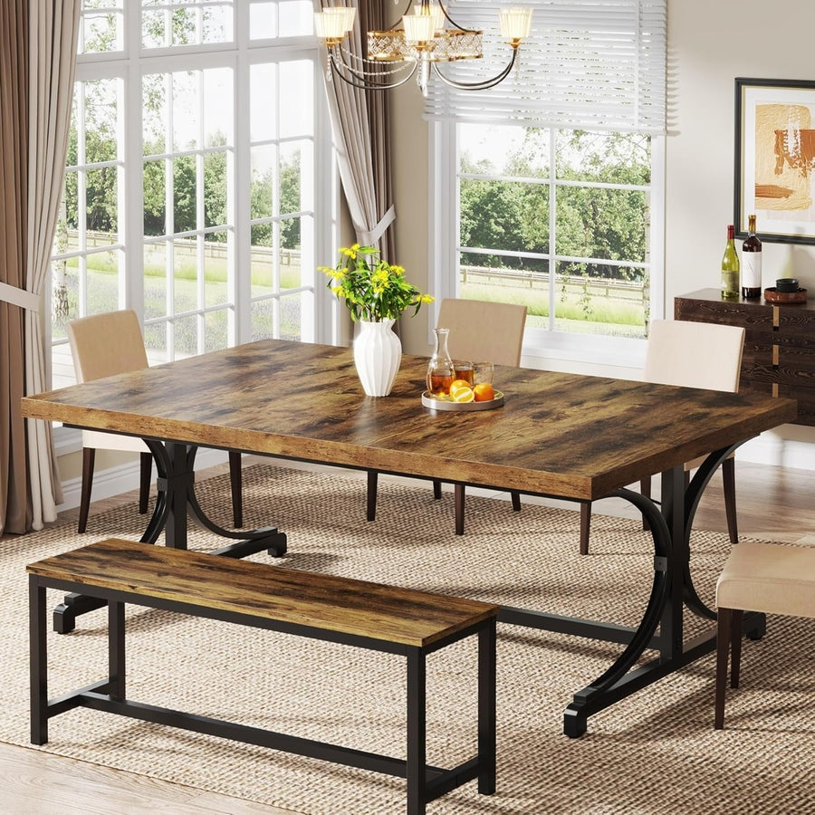 Tribesigns 62.4 Inch Industrial Dining Table for 4-6 Walnut Brown Metal Frame Image 1