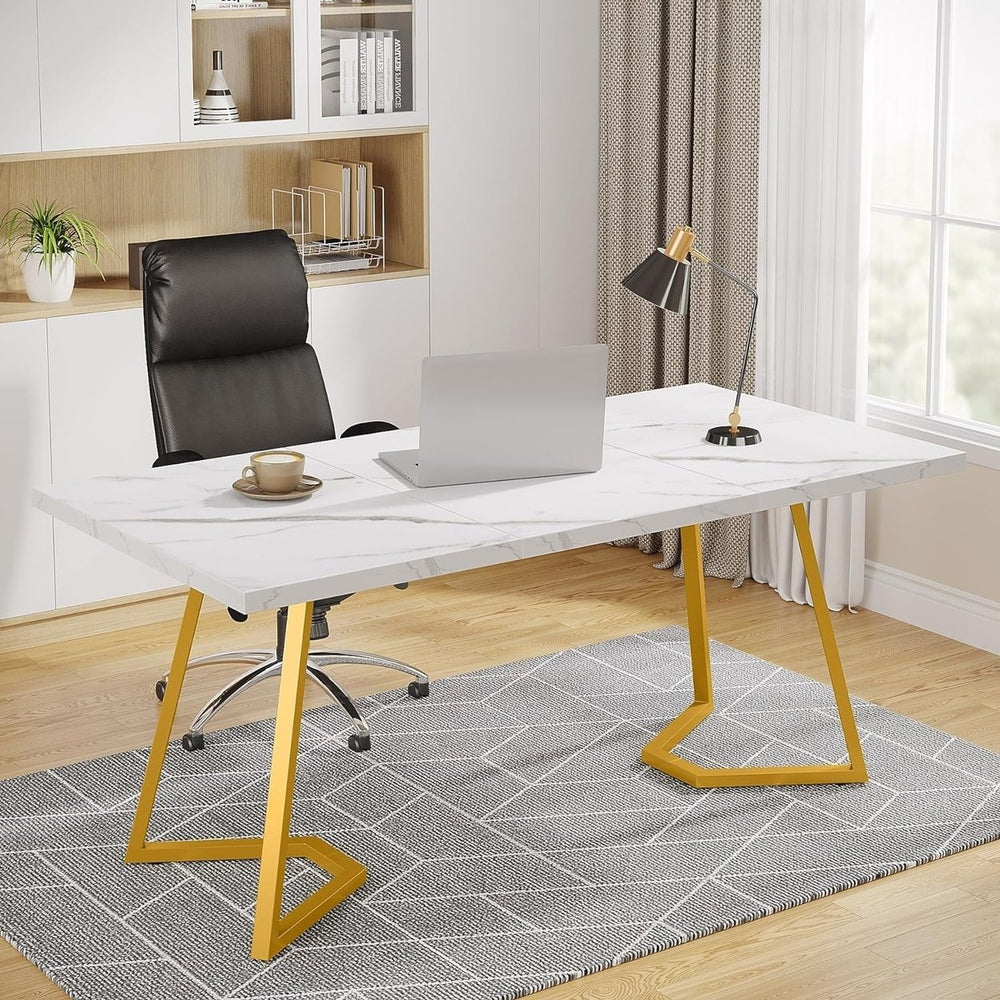 Tribesigns 55 Inch Gold Computer Desk Faux Marble Home Office Table Metal Legs Image 2