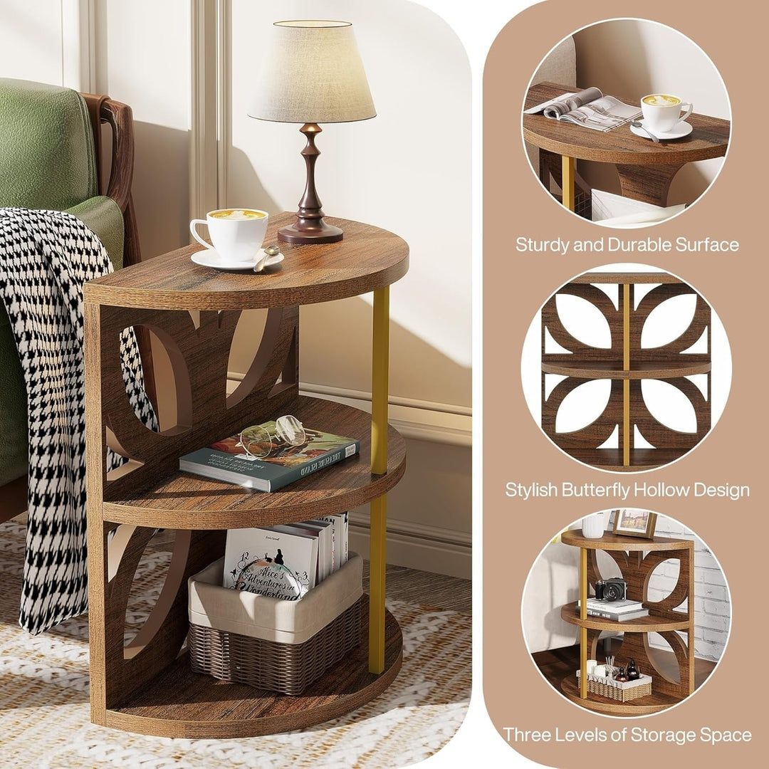 Tribesigns Half Round End Table Narrow Side Table Rustic Brown 3-Tier Storage Image 5