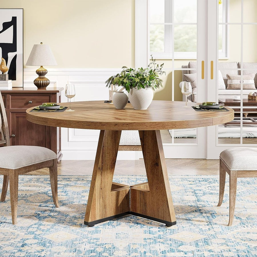 Tribesigns Round Dining Table 47 inch Burlywood Wooden Top Cross Base Only Table Image 1