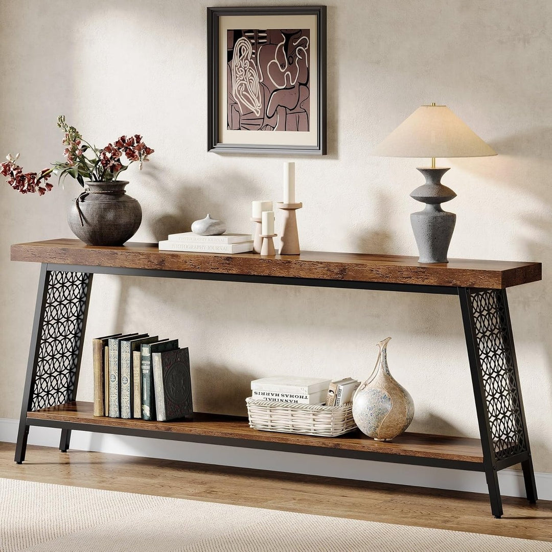 Tribesigns 70.9" Extra Long Console Table, 2-Tier Industrial Sofa Table with Storage, Entryway Table Behind Couch Image 1