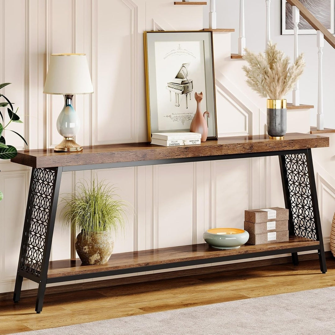 Tribesigns 70.9" Extra Long Console Table, 2-Tier Industrial Sofa Table with Storage, Entryway Table Behind Couch Image 2