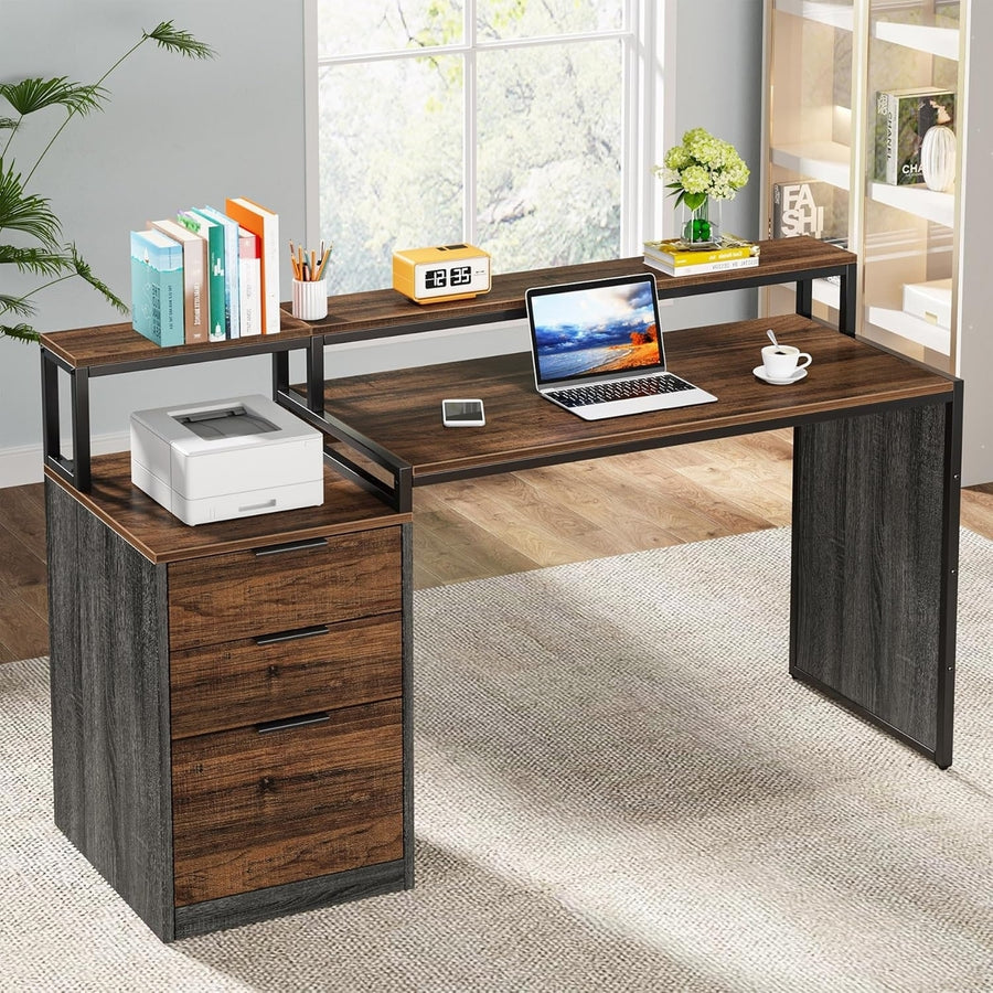 Tribesigns 55-Inch Computer Desk with 3 Drawers, Wood Reversible Office Desk with Printer Stand,Monitor Stand,File Image 1