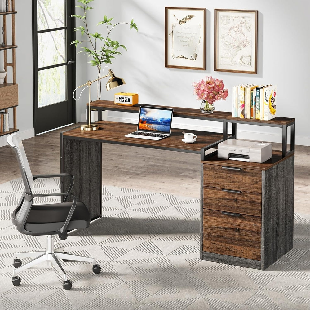 Tribesigns 55-Inch Computer Desk with 3 Drawers, Wood Reversible Office Desk with Printer Stand,Monitor Stand,File Image 2