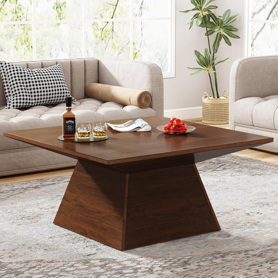 Tribesigns Square Coffee Table 31.49" Wooden with Geometric Base Mid Century Style Image 1