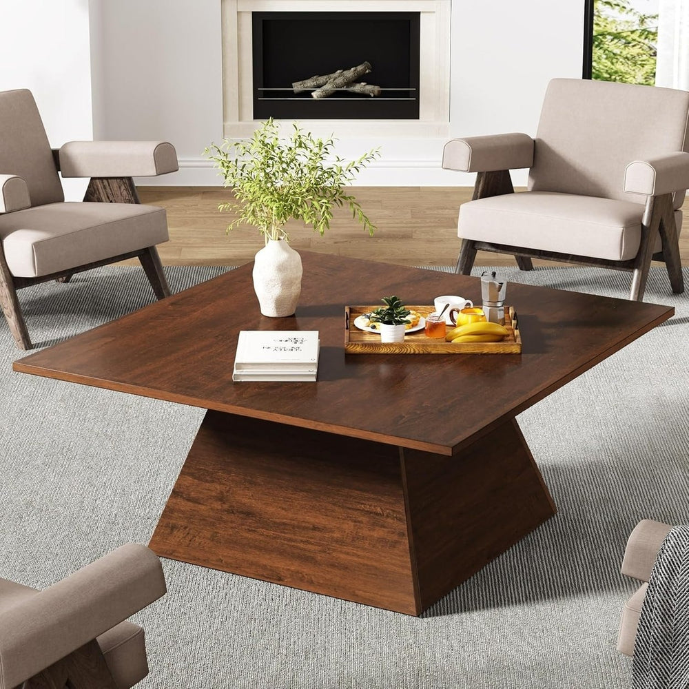 Tribesigns Square Coffee Table 31.49" Wooden with Geometric Base Mid Century Style Image 2