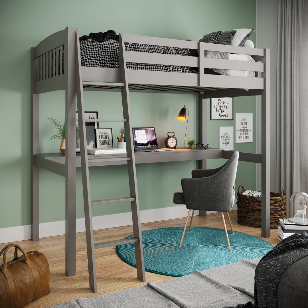 Gray Solid Wood Twin Size Loft Bed with Desk and Storage Image 4