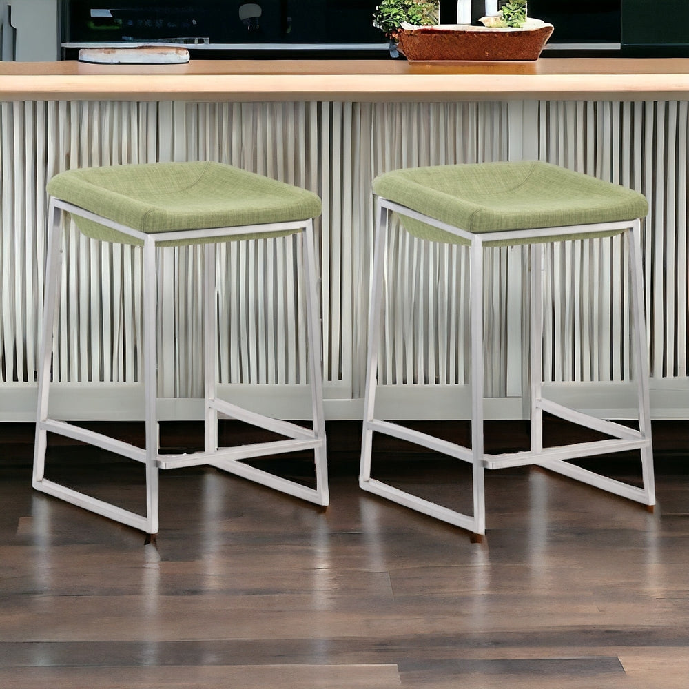 Set of Two 24" Green And Silver Steel Backless Counter Height Bar Chairs Image 2