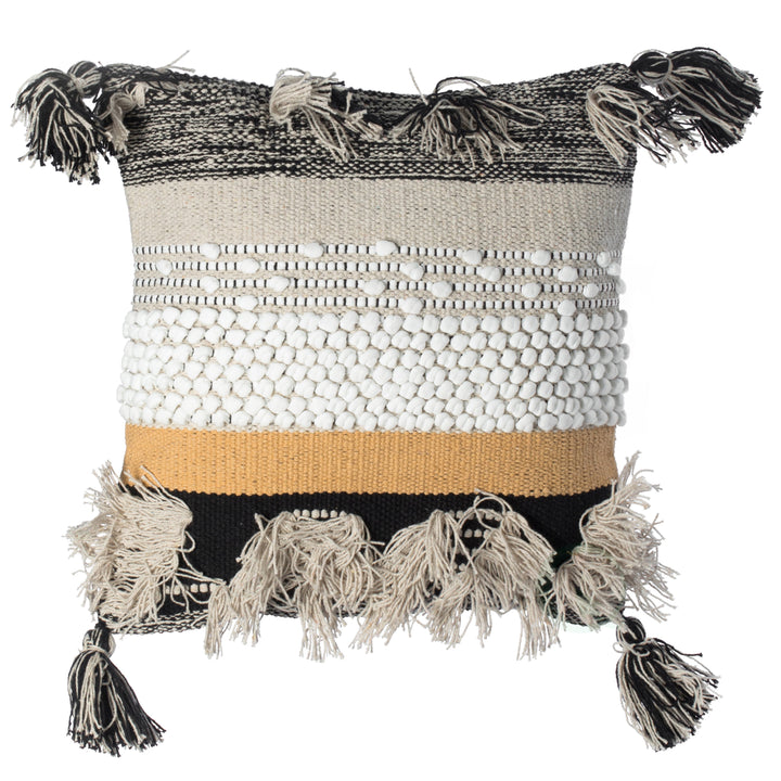 Deerlux 16" Boho Handwoven Cotton Throw Pillow Cover Beige with Tassels Image 1