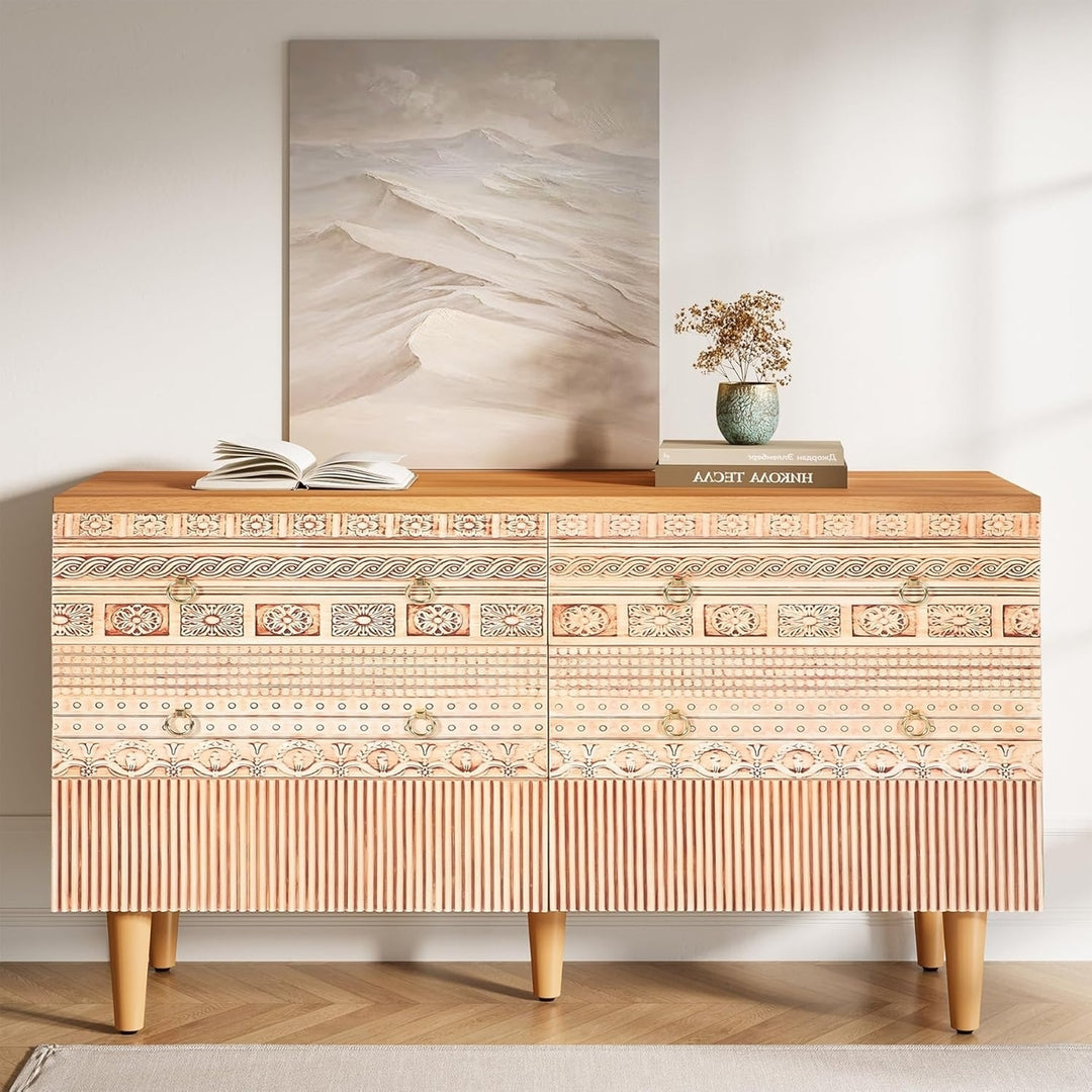 Tribesigns 47-Inch Boho Accent Dresser, Double Wide Chest of Drawers with 6 Carved Drawers, 6-Drawer Dresser Wooden Image 1