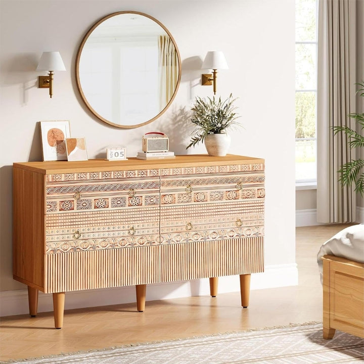 Tribesigns 47-Inch Boho Accent Dresser, Double Wide Chest of Drawers with 6 Carved Drawers, 6-Drawer Dresser Wooden Image 2