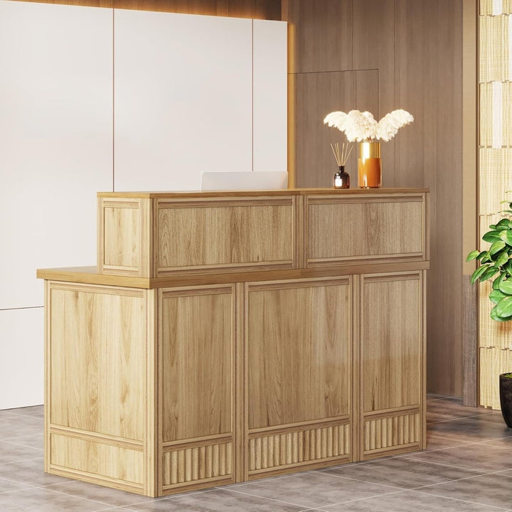 Tribesigns 57 Inch Rustic Reception Desk Boho Checkout Counter Natural Oak Finish Image 2