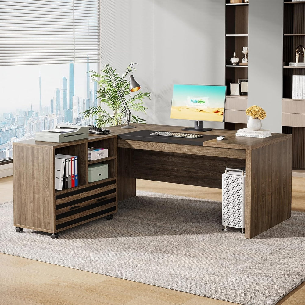 Tribesigns 62.2" Executive Desk with Mobile File Cabinet, L-Shaped Office Desk with Storage Shelves, Large Computer Desk Image 2