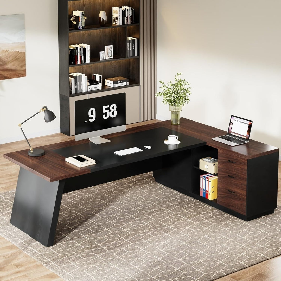 Tribesigns 78" L-Shaped Executive Desk, Large Office Desk with Drawers and Lateral File Cabinet,Modern Computer Desk Image 4