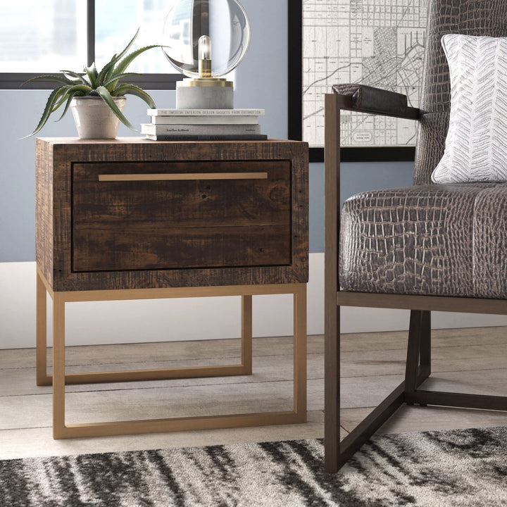 18" Antiqued Brass And Brown Reclaimed Wood End Table With Drawer Image 4